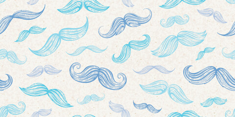Prostate cancer awareness month background with blue male moustache. November oncology awareness concept. Seamless pattern with engraved men mustache and rice paper texture, vector illustration