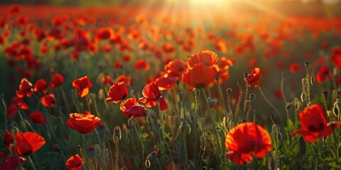 Vibrant red poppies blossoming in a sunlit field stretching across a lush green landscape