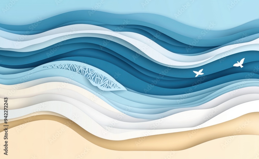 Poster abstract beach and ocean waves background in paper cut style vector illustration. flat design, simpl
