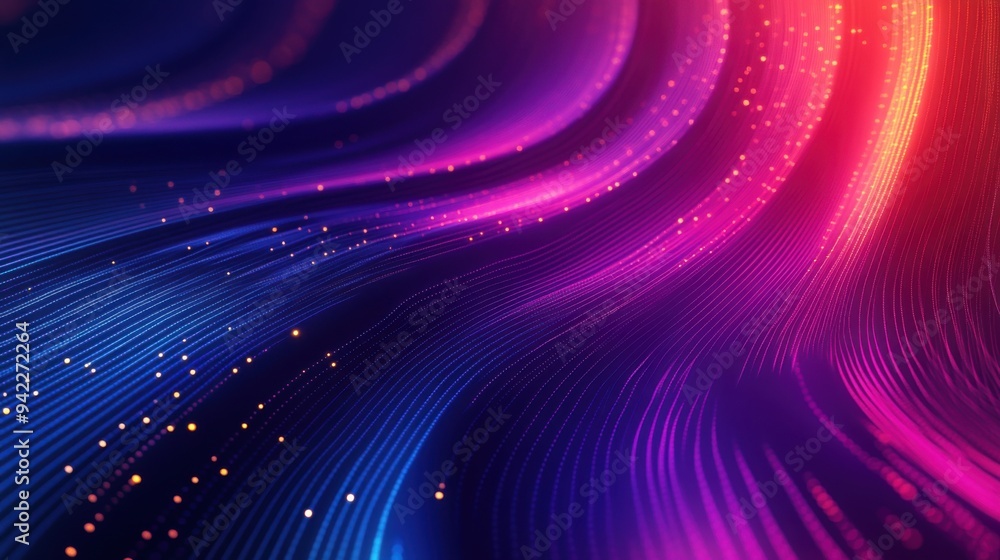 Poster abstract background with colorful light waves and glowing dots on a dark purple-blue gradient, a dig