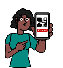 Young black  woman smiling showing cell phone with qr code.eps