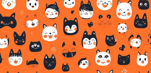 Obraz premium A pattern of cute cat faces, on an orange background, using simple shapes.