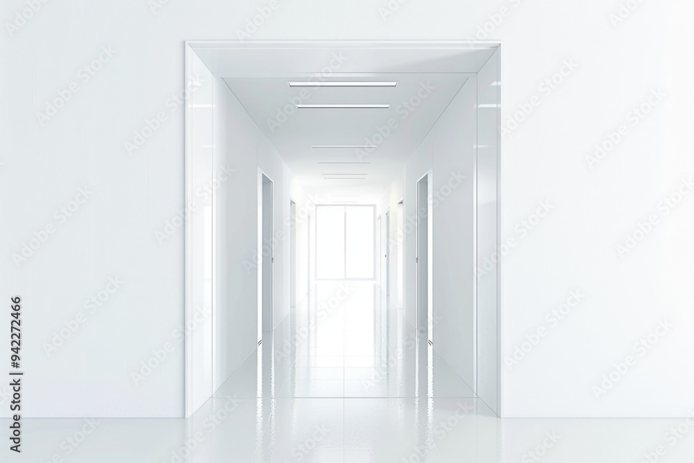 Poster a long, empty hallway with white walls and floors