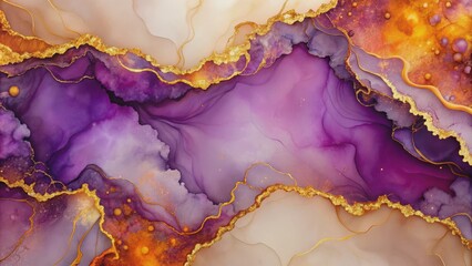 Beautiful abstract background alcohol ink with gold leading edge in relief, with purple and orange tones, abstract