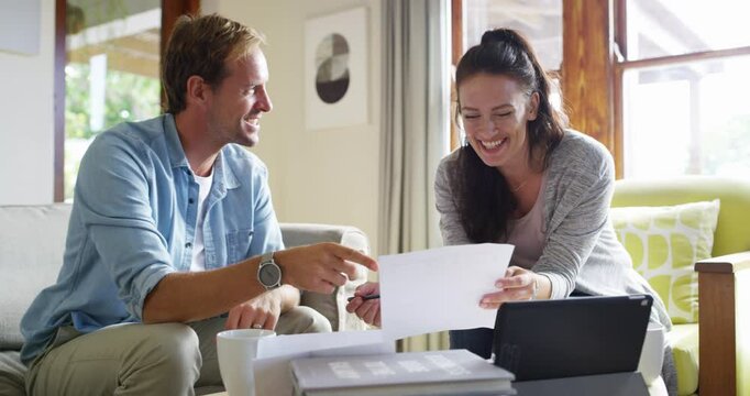 Couple, living room and finance planning with tablet, successful savings and investments. Documents, smile and happy for finances, budget and taxes for insurance fund, financial banking and sofa