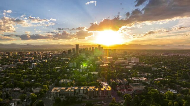 Sunset over the cityscape, aerial hyperlapse, Denver, Colorado, 4K