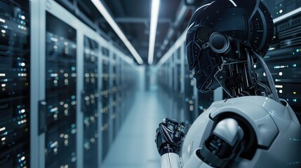 A futuristic robot stands in a server room, looking at a row of servers. The robot is made of metal and has a black helmet. It is standing in a dark room with a long row of servers in the background.