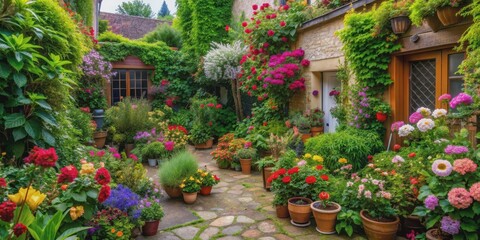 Fototapeta premium Lush courtyard garden with vibrant flowers and plants, courtyard, garden, flowers, plants, vibrant, lush, greenery