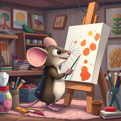 A happy mouse paints bright shapes in a cozy art studio