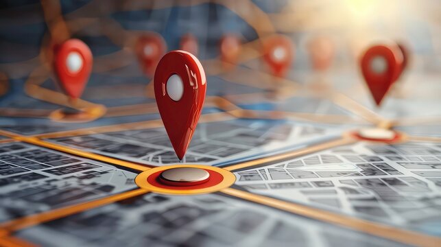 Red map pins on a city map with yellow lines.