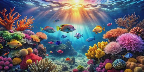 Vibrant and colorful underwater world filled with coral reefs, tropical fish, and sea creatures, underwater, ocean