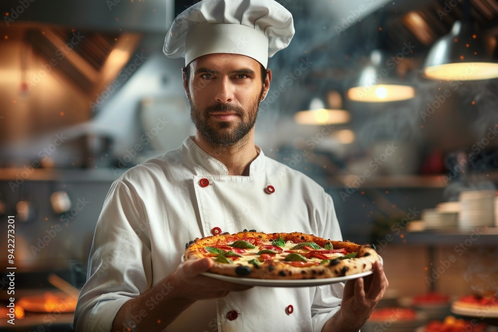 Wall mural A man wearing a chef's hat holds a freshly baked pizza, ready for serving