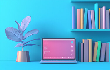 Obraz premium A vibrant workspace featuring a laptop with a pink screen, a potted plant, and colorful books on a blue background, symbolizing a modern and creative home office setup