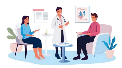 A doctor speaks with a couple at a hospital.