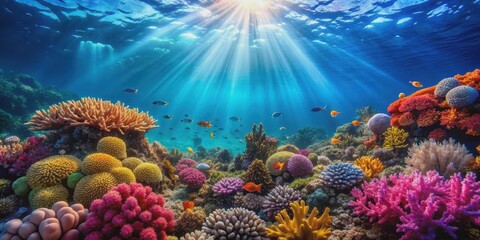 Vibrant coral reef teeming with colorful marine life under the sunlit ocean , Coral, reef, underwater, marine life, colorful