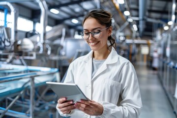 A woman in a lab coat is holding a tablet, possibly for medical or scientific use