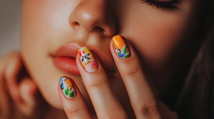 Naklejka premium A woman with colorful nail art on her hands and face, AI