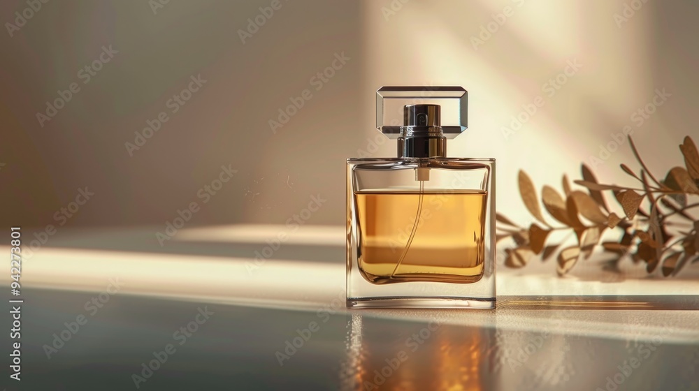 Poster a bottle of perfume sits on top of a table, perfect for use in editorial or commercial settings