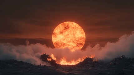 A garbage park, the flames flickering through the fog as the sun sets.