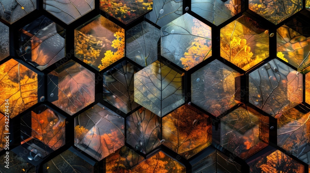 Poster hexagonal arrangement of autumn leaves in various colors, ideal for background or texture use