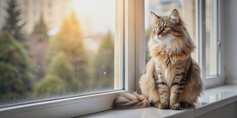 A cute fluffy cat sitting on a window sill looking out at the world, feline, pet, domestic, adorable, whiskers, fur, animal