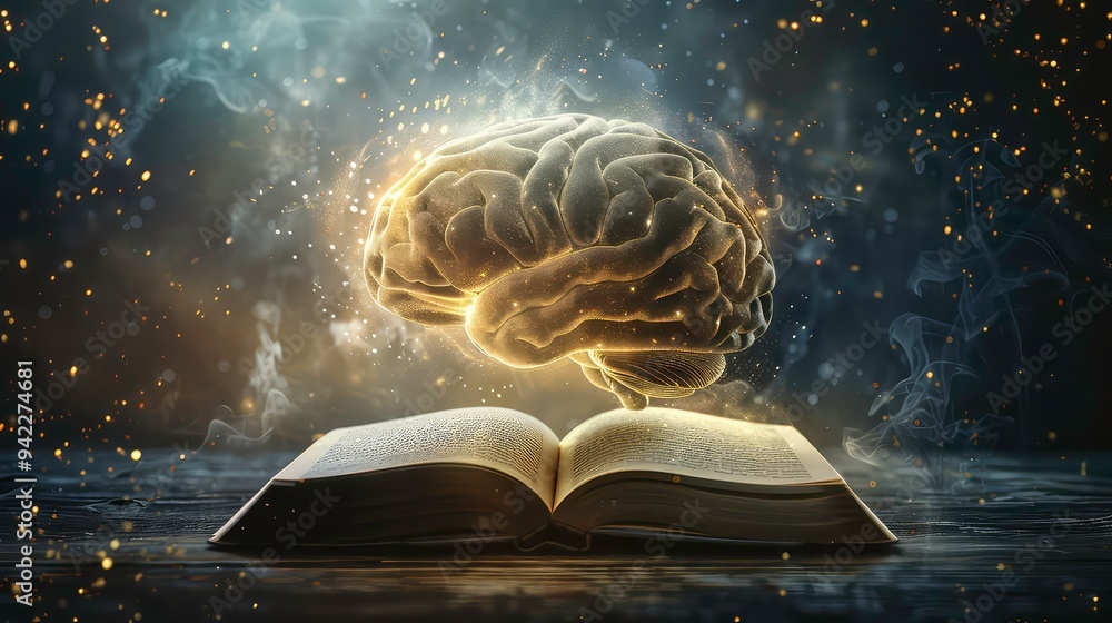 Poster glowing brain floating above an open book with smoke and sparkles.