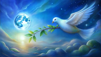 Peaceful Dove Carrying Olive Branch Soaring Over Moonlit Sky