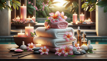 A tranquil spa atmosphere with lit candles, plush towels, flowers and massage oils.
