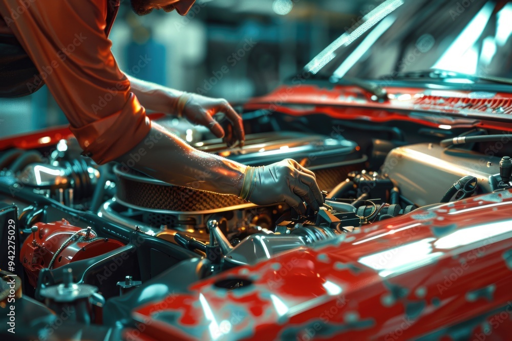 Poster A person tinkering with the internal mechanisms of a vehicle in a typical workshop setting, great for automotive or DIY projects