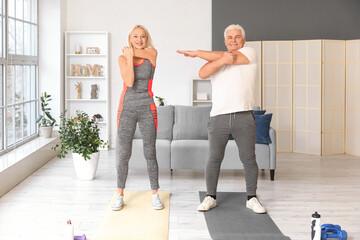 Sporty mature couple training at home