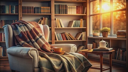 Cozy reading nook with warm blanket, bookshelves, and a cup of tea , reading, free time, cozy, relax, reading nook