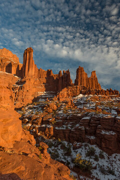 USA, Utah. Fisher Towers with snow and clouds, near Castle Valley (Large format sizes available)