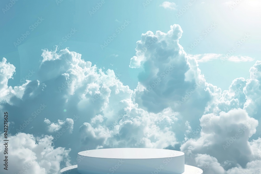 Poster white platform floating in cloudy sky, suitable for abstract or futuristic themes