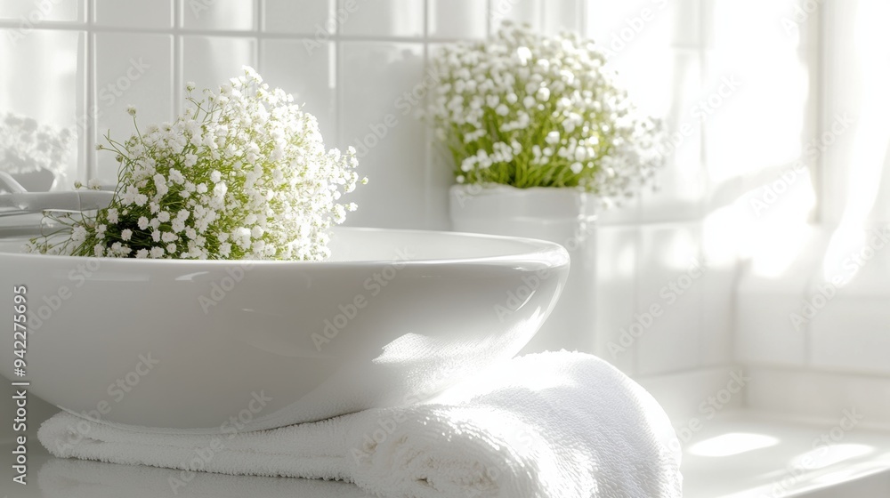 Sticker a white bowl with flowers in it on a counter, ai