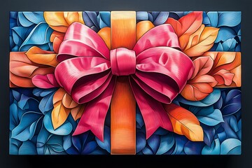 A fun and quirky cartoon gift box with an oversized bow on a floral background.