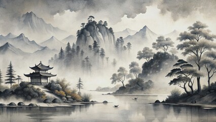 Japanese ink wash painting depicting nature with monochrome brushstrokes, Japan, ink wash, Sumi-e