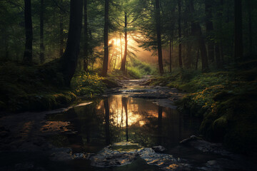 Obraz premium Follow a Serene Stream Winding Through a Forest to a Peaceful Clearing