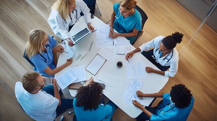 Diverse group of doctors meeting around a table.