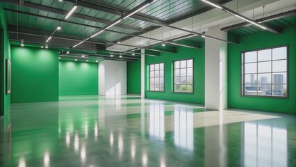 Obraz premium Emerald green gallery hall with glossy concrete floor and bright windows, perfect for art exhibitions, gallery, hall, emerald green