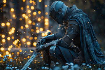 Fototapeta premium lone armored warrior surrounded by a warm, mystical light in a dark forest, kneeling in contemplation among enchanted glowing orbs