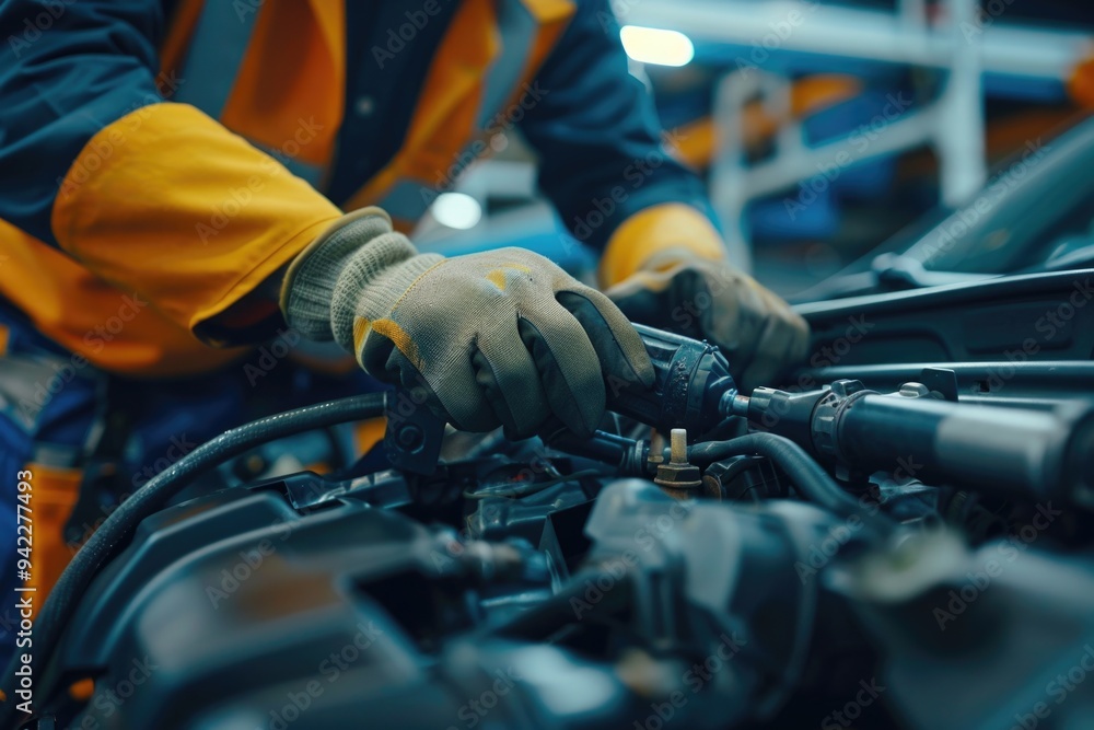 Poster A person is performing maintenance tasks on an automobile engine in a garage setting