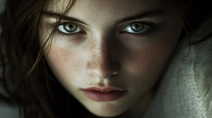 Fototapeta premium A close up of a woman with freckles and green eyes, AI