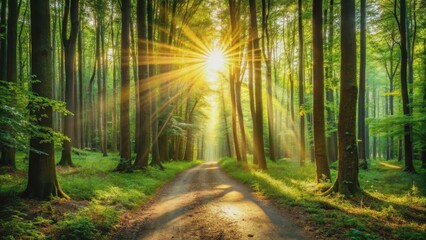 Sunlight filtering through dense forest, lighting up path between trees , Sunlight, streams, leaves, dense, forest, illuminating