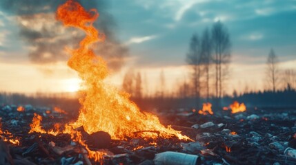 Close-up of fire in a garbage park, the sky darkening as fog thickens.