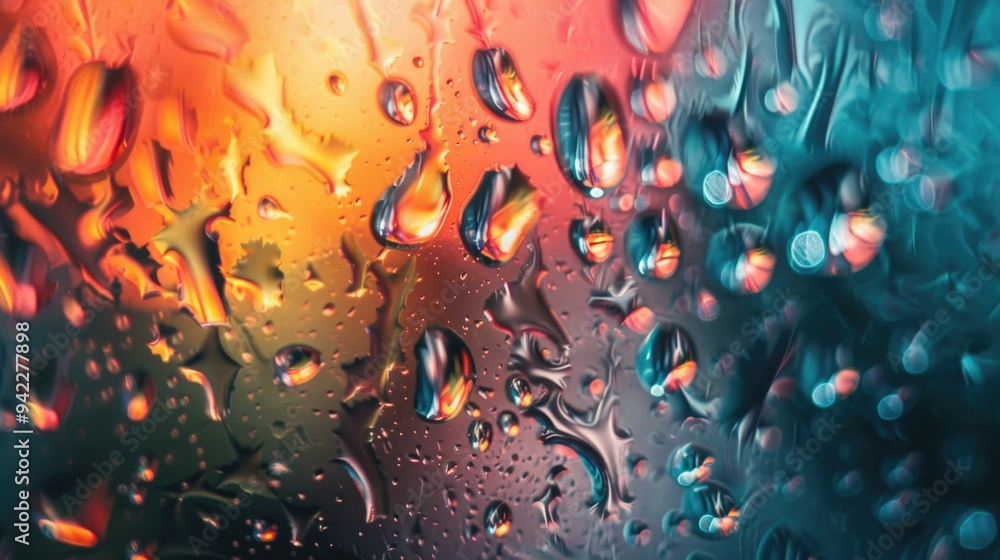 Poster close-up of water droplets on a window, suitable for use in scientific or educational contexts