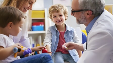 Obraz premium A young boy smiles as he sits with a doctor and a woman in an office setting.