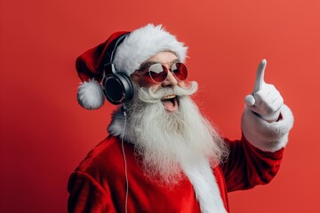 Picture a contemporary and stylish Santa Claus with headphones and shades, on a red background, joyfully celebrating the festive season while listening to music, embodying a fun and cool vibe