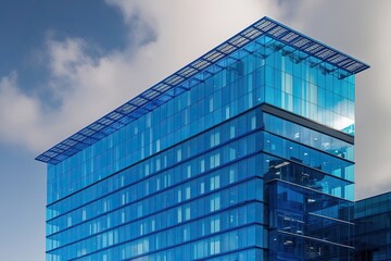Futuristic Blue Glass Office Building Featuring Modern Architectural Design