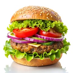 appetizing burger with fresh toppings on white background