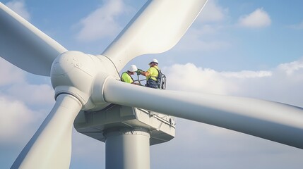 Two workers in hard hats maintain a wind turbine blade.